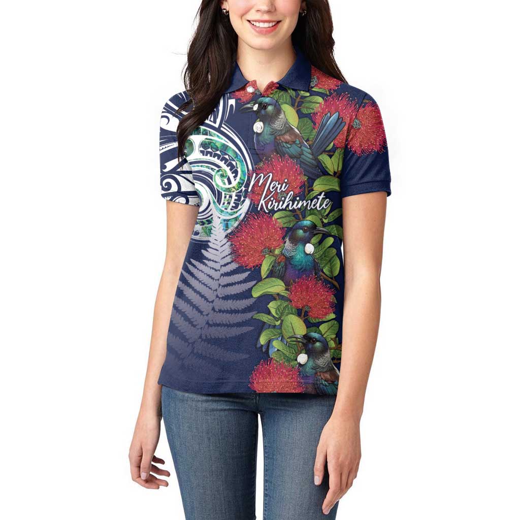 Meri Kirihimete New Zealand Women Polo Shirt Tui on Pohutukawa - Blue Ver LT7 - Polynesian Pride