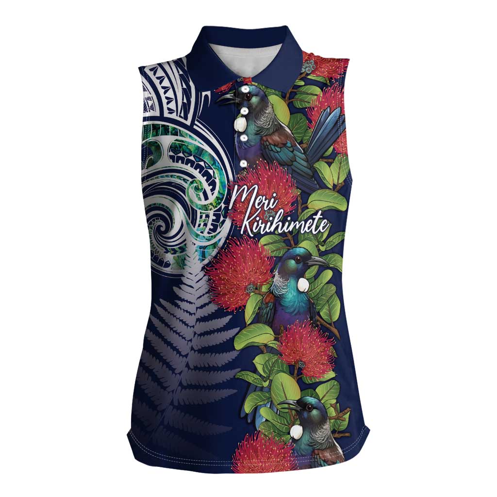 Meri Kirihimete New Zealand Women Sleeveless Polo Shirt Tui on Pohutukawa - Blue Ver