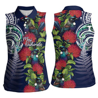 Meri Kirihimete New Zealand Women Sleeveless Polo Shirt Tui on Pohutukawa - Blue Ver