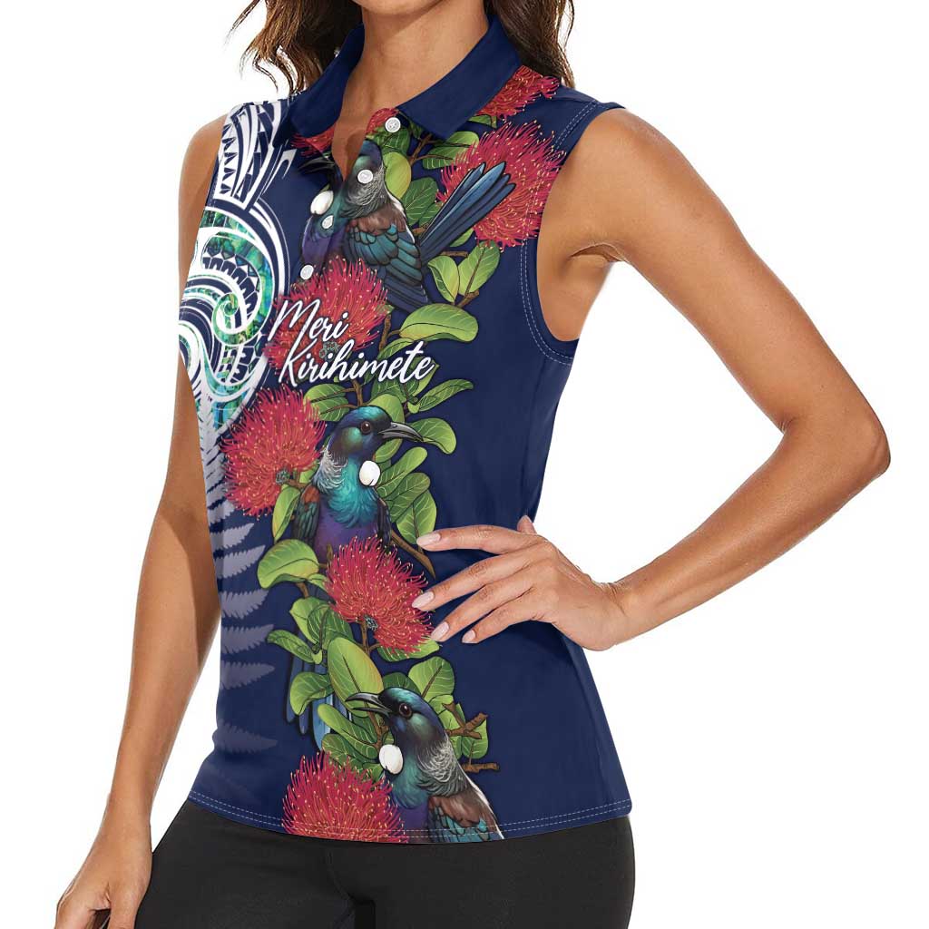 Meri Kirihimete New Zealand Women Sleeveless Polo Shirt Tui on Pohutukawa - Blue Ver