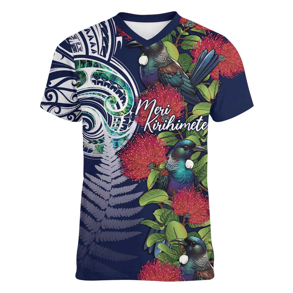 Meri Kirihimete New Zealand Women V-Neck T-Shirt Tui on Pohutukawa - Blue Ver