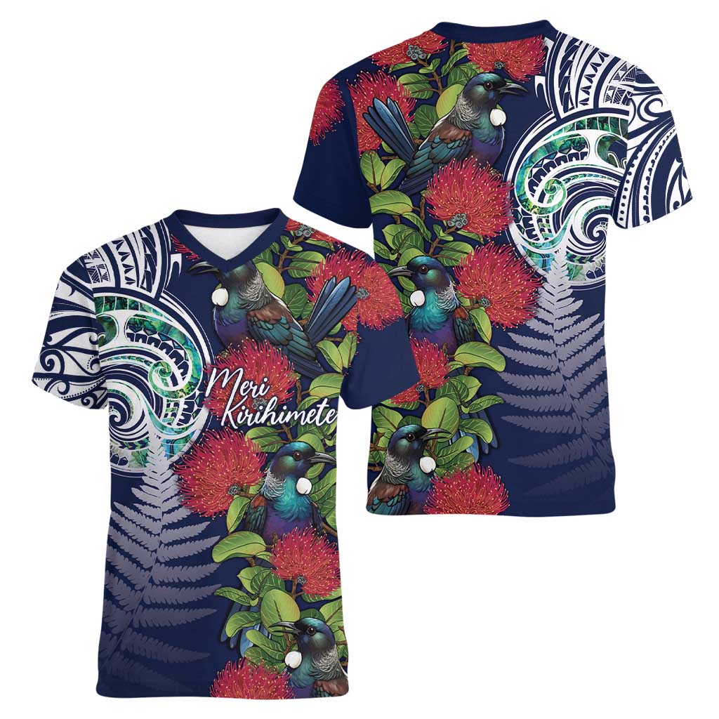 Meri Kirihimete New Zealand Women V-Neck T-Shirt Tui on Pohutukawa - Blue Ver