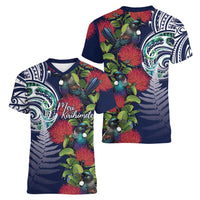 Meri Kirihimete New Zealand Women V-Neck T-Shirt Tui on Pohutukawa - Blue Ver