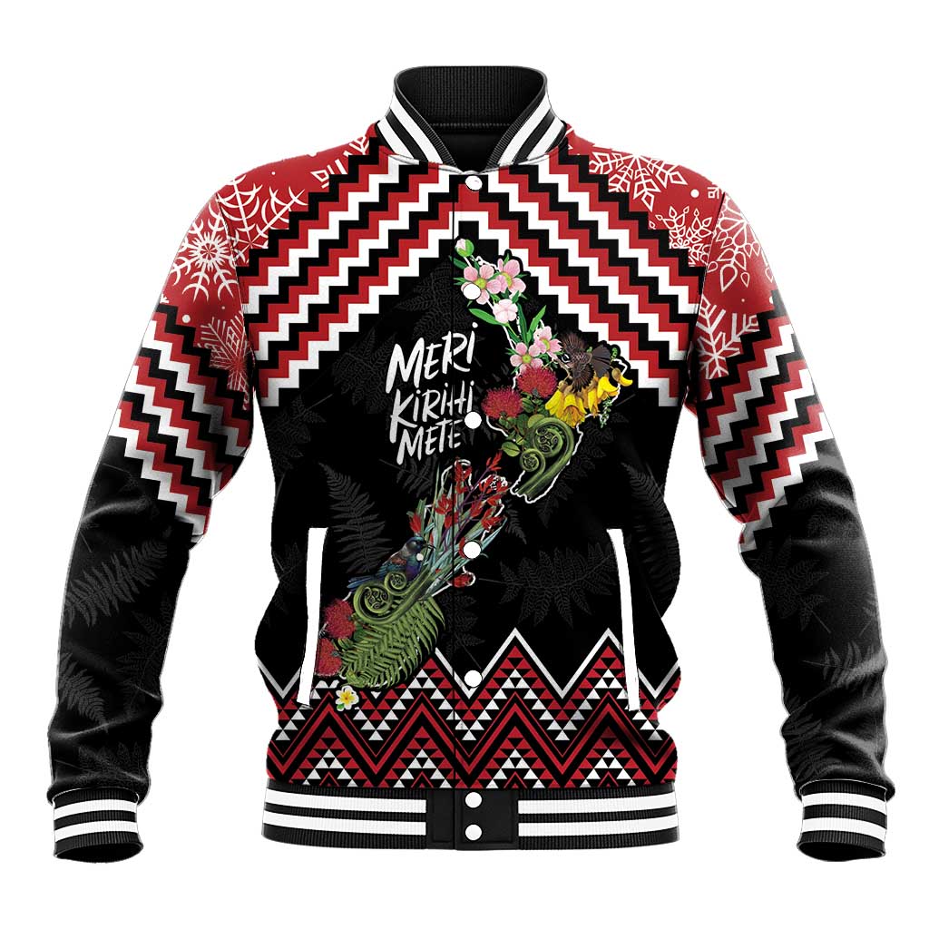 New Zealand Christmas Taniko Poutama Baseball Jacket Flora Map with Birds LT7 Unisex Red - Polynesian Pride