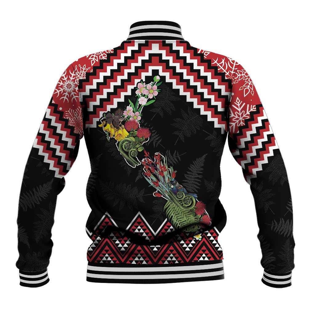 New Zealand Christmas Taniko Poutama Baseball Jacket Flora Map with Birds LT7 - Polynesian Pride