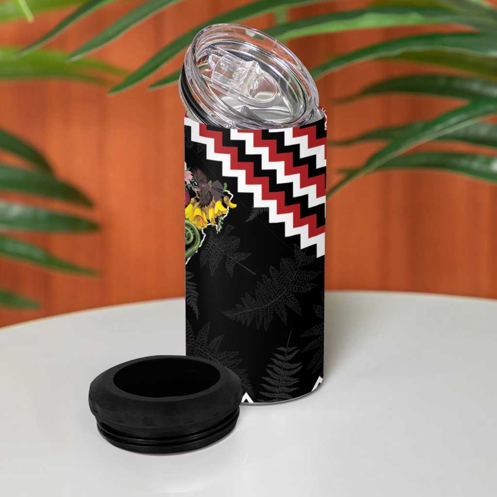 New Zealand Christmas Taniko Poutama 4 in 1 Can Cooler Tumbler Flora Map with Birds - Polynesian Pride