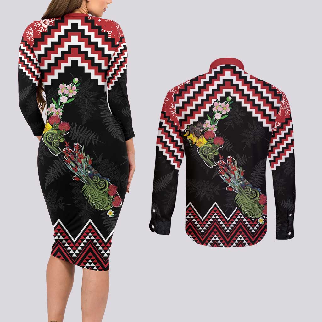 New Zealand Christmas Taniko Poutama Couples Matching Long Sleeve Bodycon Dress and Long Sleeve Button Shirt Flora Map with Birds LT7 - Polynesian Pride