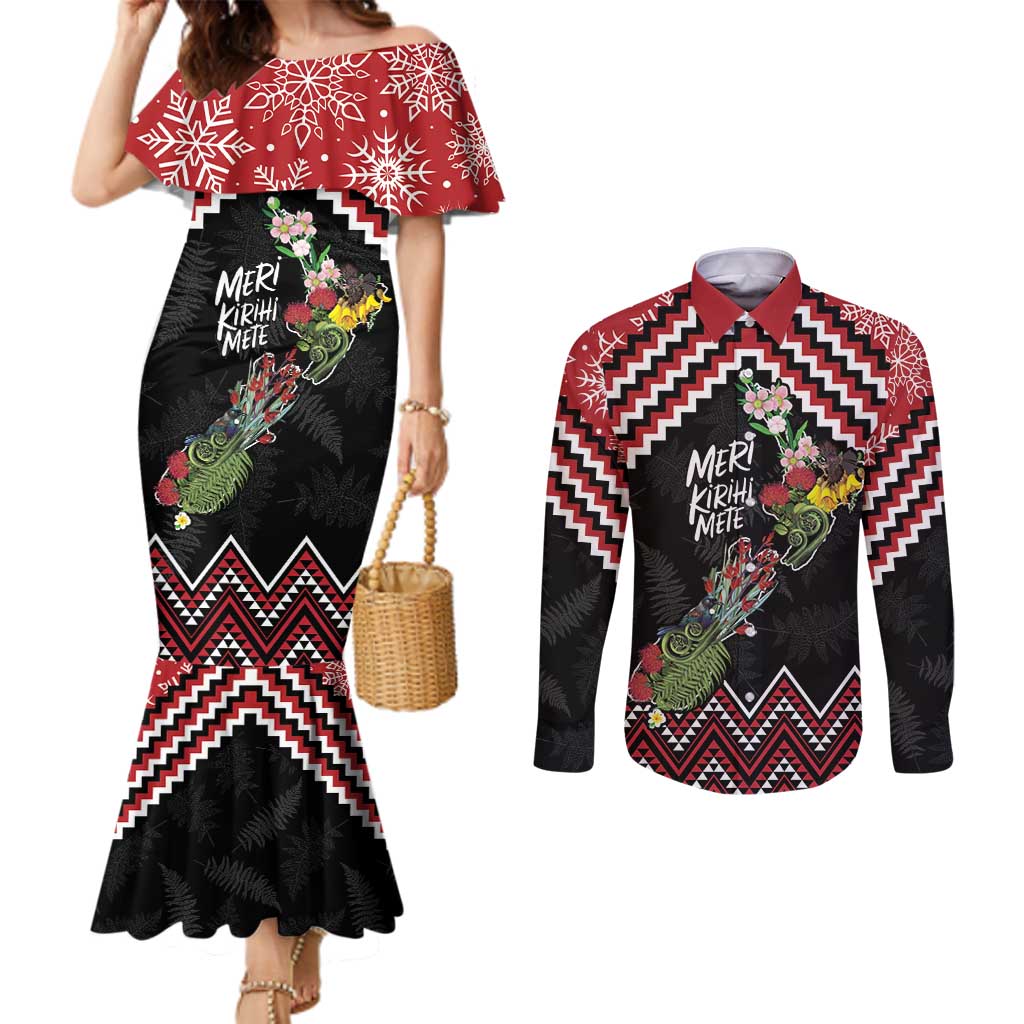 New Zealand Christmas Taniko Poutama Couples Matching Mermaid Dress and Long Sleeve Button Shirt Flora Map with Birds LT7 Red - Polynesian Pride