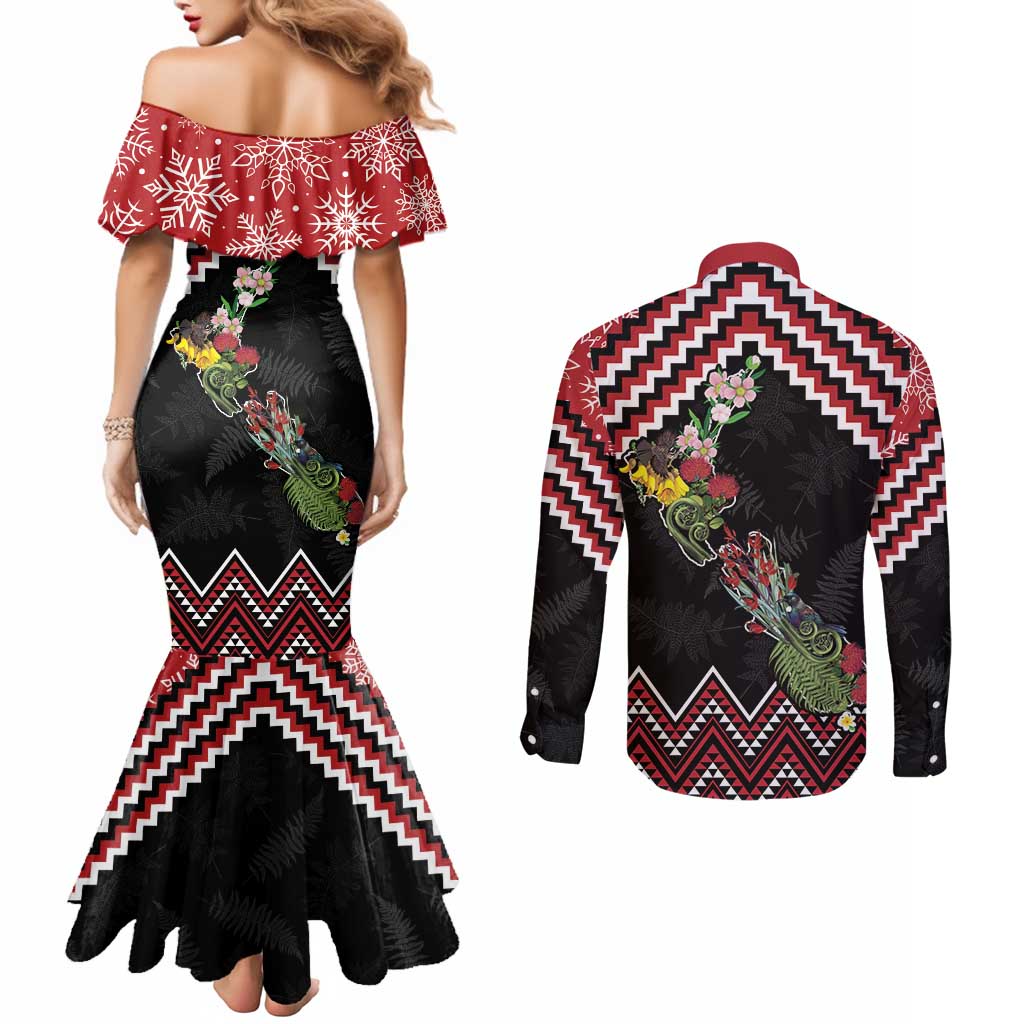 New Zealand Christmas Taniko Poutama Couples Matching Mermaid Dress and Long Sleeve Button Shirt Flora Map with Birds LT7 - Polynesian Pride