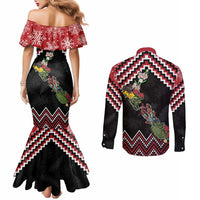 New Zealand Christmas Taniko Poutama Couples Matching Mermaid Dress and Long Sleeve Button Shirt Flora Map with Birds LT7 - Polynesian Pride