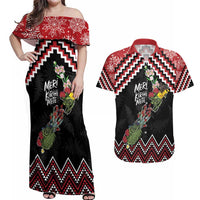 New Zealand Christmas Taniko Poutama Couples Matching Off Shoulder Maxi Dress and Hawaiian Shirt Flora Map with Birds LT7 Red - Polynesian Pride
