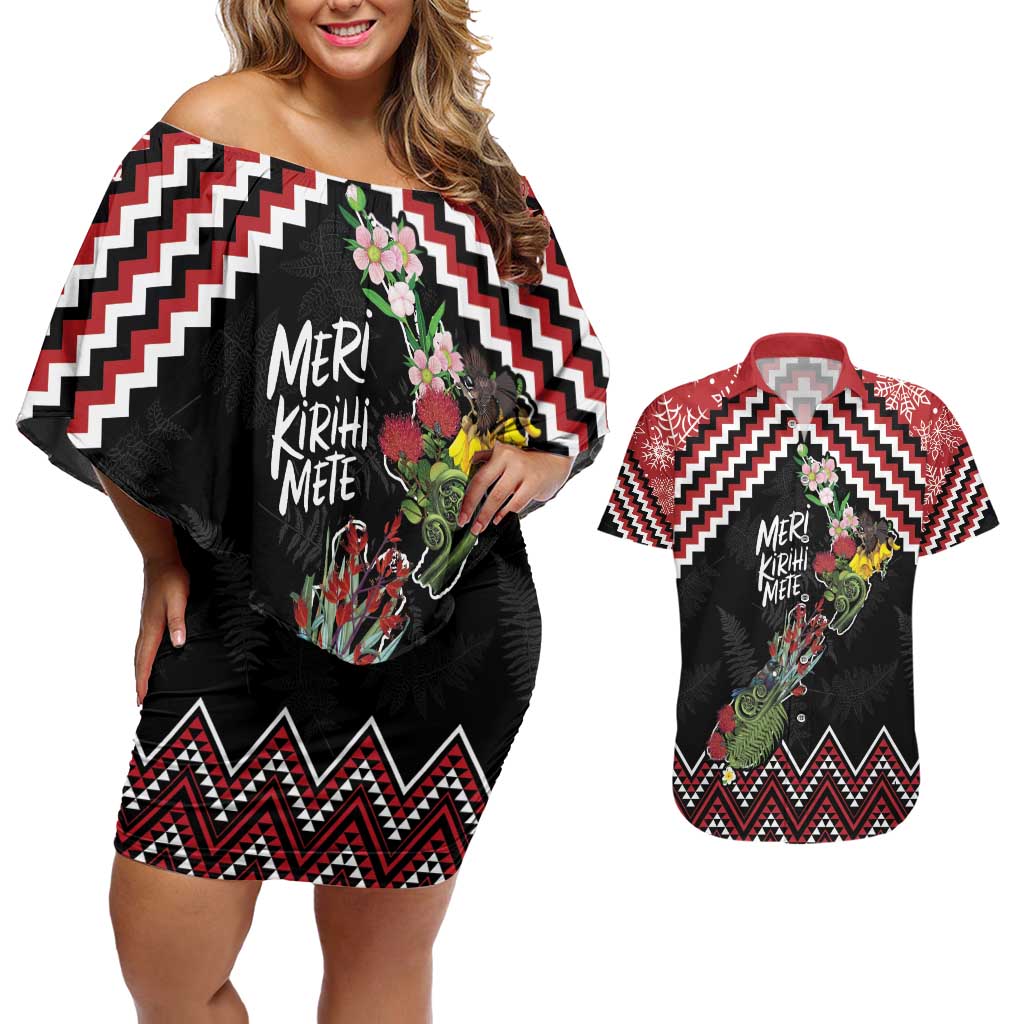New Zealand Christmas Taniko Poutama Couples Matching Off Shoulder Short Dress and Hawaiian Shirt Flora Map with Birds LT7 Red - Polynesian Pride