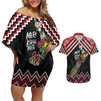 New Zealand Christmas Taniko Poutama Couples Matching Off Shoulder Short Dress and Hawaiian Shirt Flora Map with Birds LT7 Red - Polynesian Pride