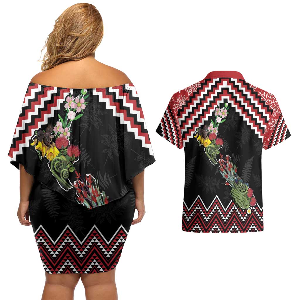 New Zealand Christmas Taniko Poutama Couples Matching Off Shoulder Short Dress and Hawaiian Shirt Flora Map with Birds LT7 - Polynesian Pride
