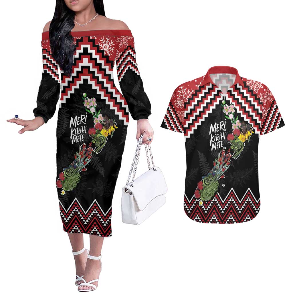 New Zealand Christmas Taniko Poutama Couples Matching Off The Shoulder Long Sleeve Dress and Hawaiian Shirt Flora Map with Birds LT7 Red - Polynesian Pride