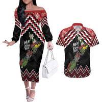 New Zealand Christmas Taniko Poutama Couples Matching Off The Shoulder Long Sleeve Dress and Hawaiian Shirt Flora Map with Birds LT7 Red - Polynesian Pride