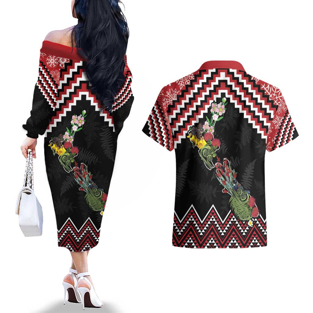 New Zealand Christmas Taniko Poutama Couples Matching Off The Shoulder Long Sleeve Dress and Hawaiian Shirt Flora Map with Birds LT7 - Polynesian Pride