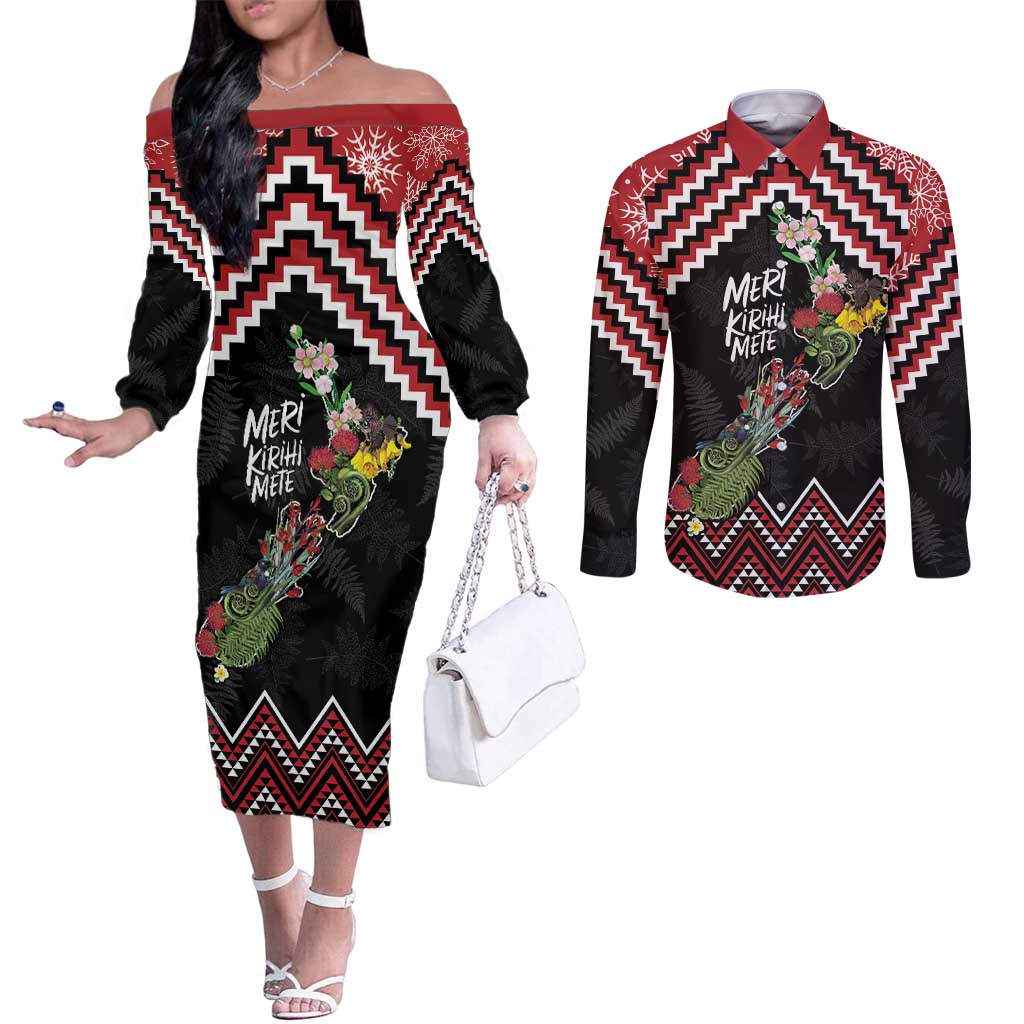 New Zealand Christmas Taniko Poutama Couples Matching Off The Shoulder Long Sleeve Dress and Long Sleeve Button Shirt Flora Map with Birds - Polynesian Pride
