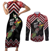 New Zealand Christmas Taniko Poutama Couples Matching Short Sleeve Bodycon Dress and Long Sleeve Button Shirt Flora Map with Birds LT7 Red - Polynesian Pride