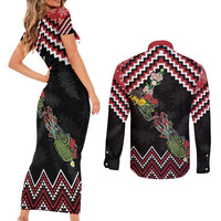 New Zealand Christmas Taniko Poutama Couples Matching Short Sleeve Bodycon Dress and Long Sleeve Button Shirt Flora Map with Birds LT7 - Polynesian Pride