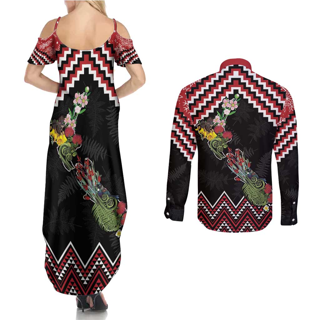 New Zealand Christmas Taniko Poutama Couples Matching Summer Maxi Dress and Long Sleeve Button Shirt Flora Map with Birds - Polynesian Pride