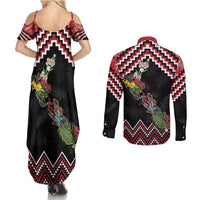 New Zealand Christmas Taniko Poutama Couples Matching Summer Maxi Dress and Long Sleeve Button Shirt Flora Map with Birds - Polynesian Pride