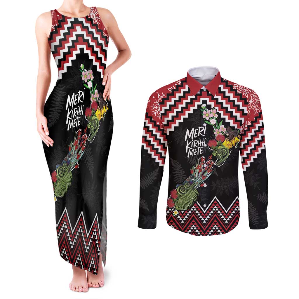 New Zealand Christmas Taniko Poutama Couples Matching Tank Maxi Dress and Long Sleeve Button Shirt Flora Map with Birds LT7 Red - Polynesian Pride