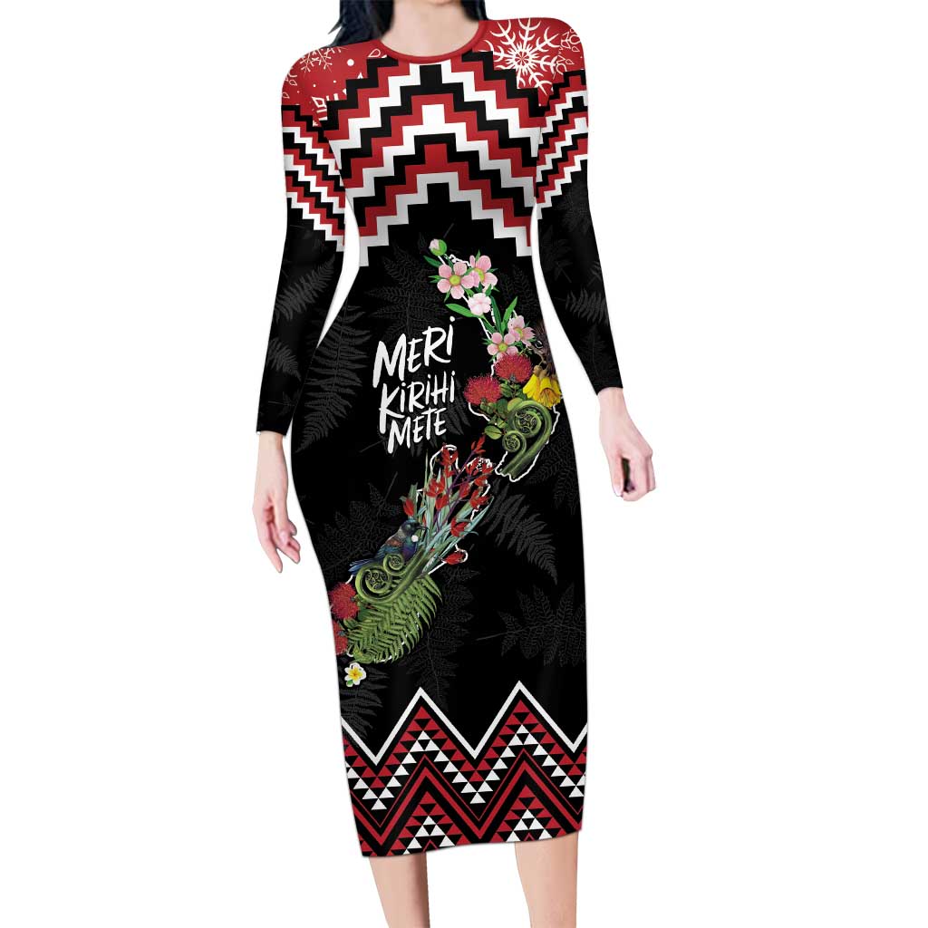 New Zealand Christmas Taniko Poutama Family Matching Long Sleeve Bodycon Dress and Hawaiian Shirt Flora Map with Birds LT7 Mom's Dress Red - Polynesian Pride
