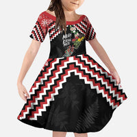 New Zealand Christmas Taniko Poutama Family Matching Mermaid Dress and Hawaiian Shirt Flora Map with Birds LT7 Daughter's Dress Red - Polynesian Pride