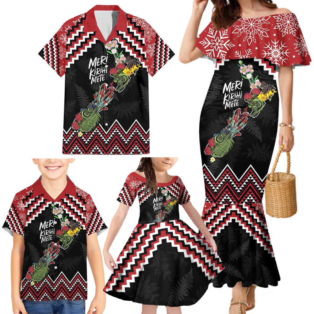 New Zealand Christmas Taniko Poutama Family Matching Mermaid Dress and Hawaiian Shirt Flora Map with Birds LT7 - Polynesian Pride