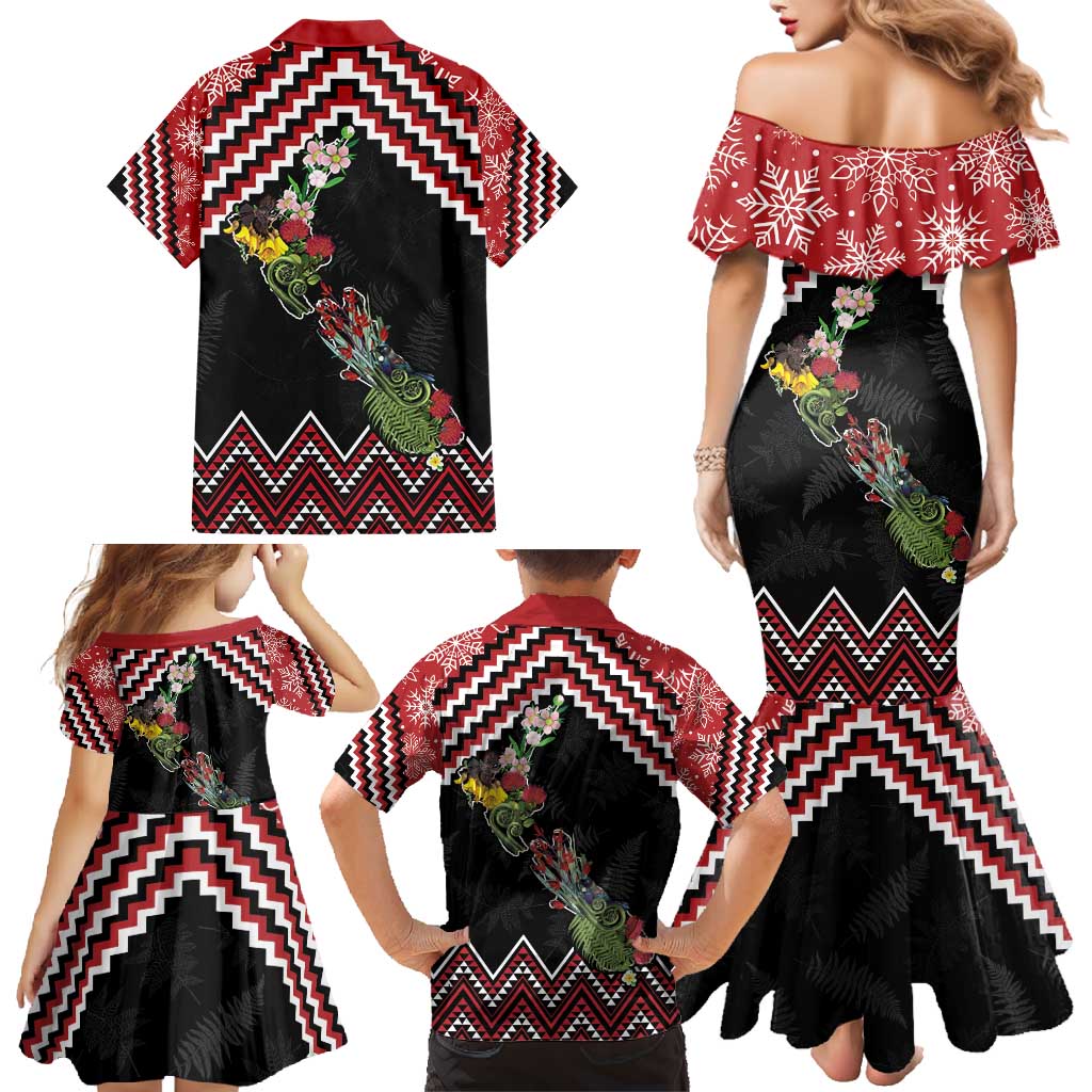 New Zealand Christmas Taniko Poutama Family Matching Mermaid Dress and Hawaiian Shirt Flora Map with Birds LT7 - Polynesian Pride