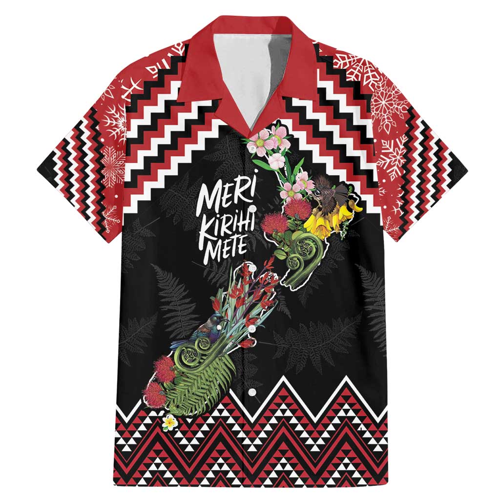 New Zealand Christmas Taniko Poutama Family Matching Mermaid Dress and Hawaiian Shirt Flora Map with Birds LT7 Dad's Shirt - Short Sleeve Red - Polynesian Pride