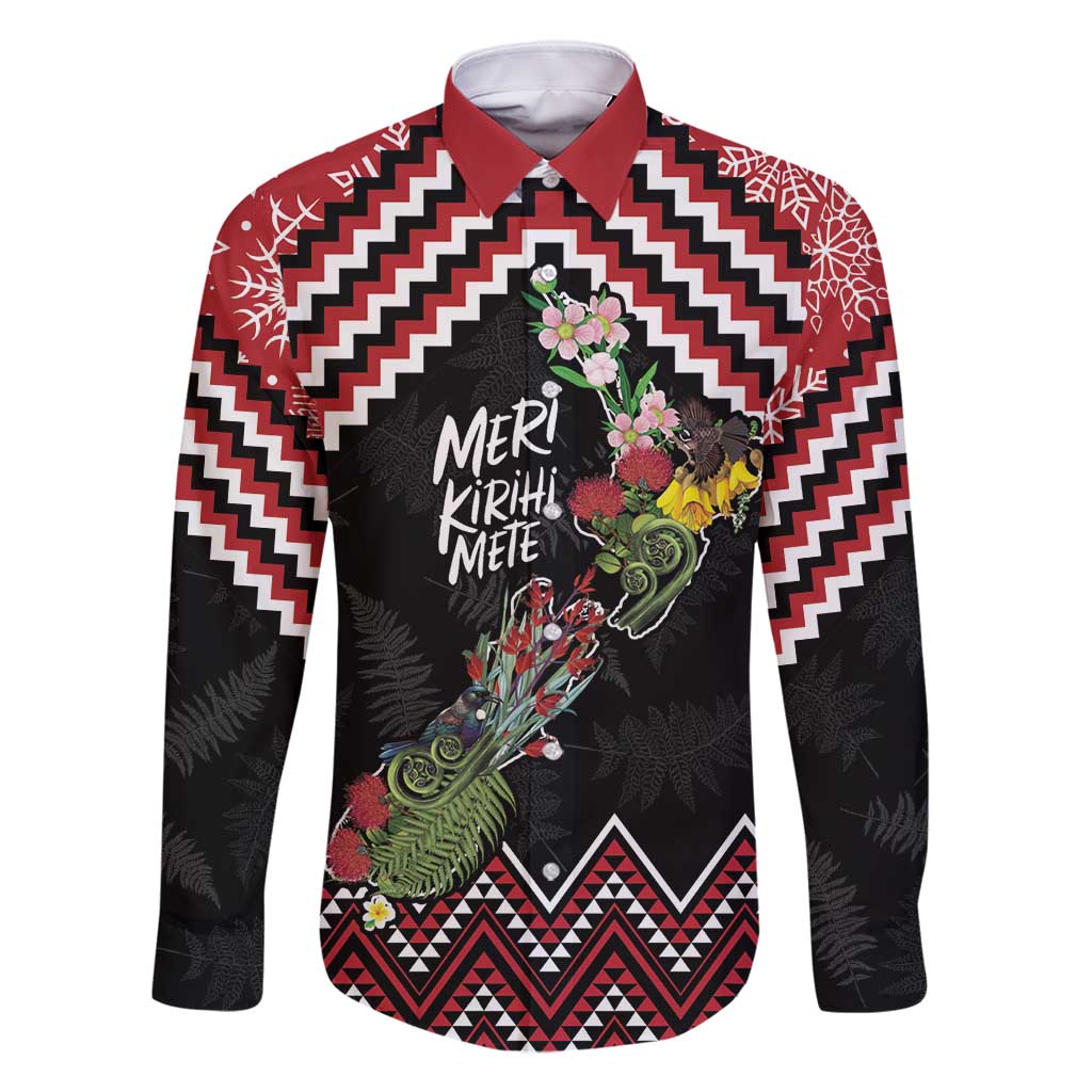New Zealand Christmas Taniko Poutama Family Matching Mermaid Dress and Hawaiian Shirt Flora Map with Birds LT7 Dad's Shirt - Long Sleeve Red - Polynesian Pride