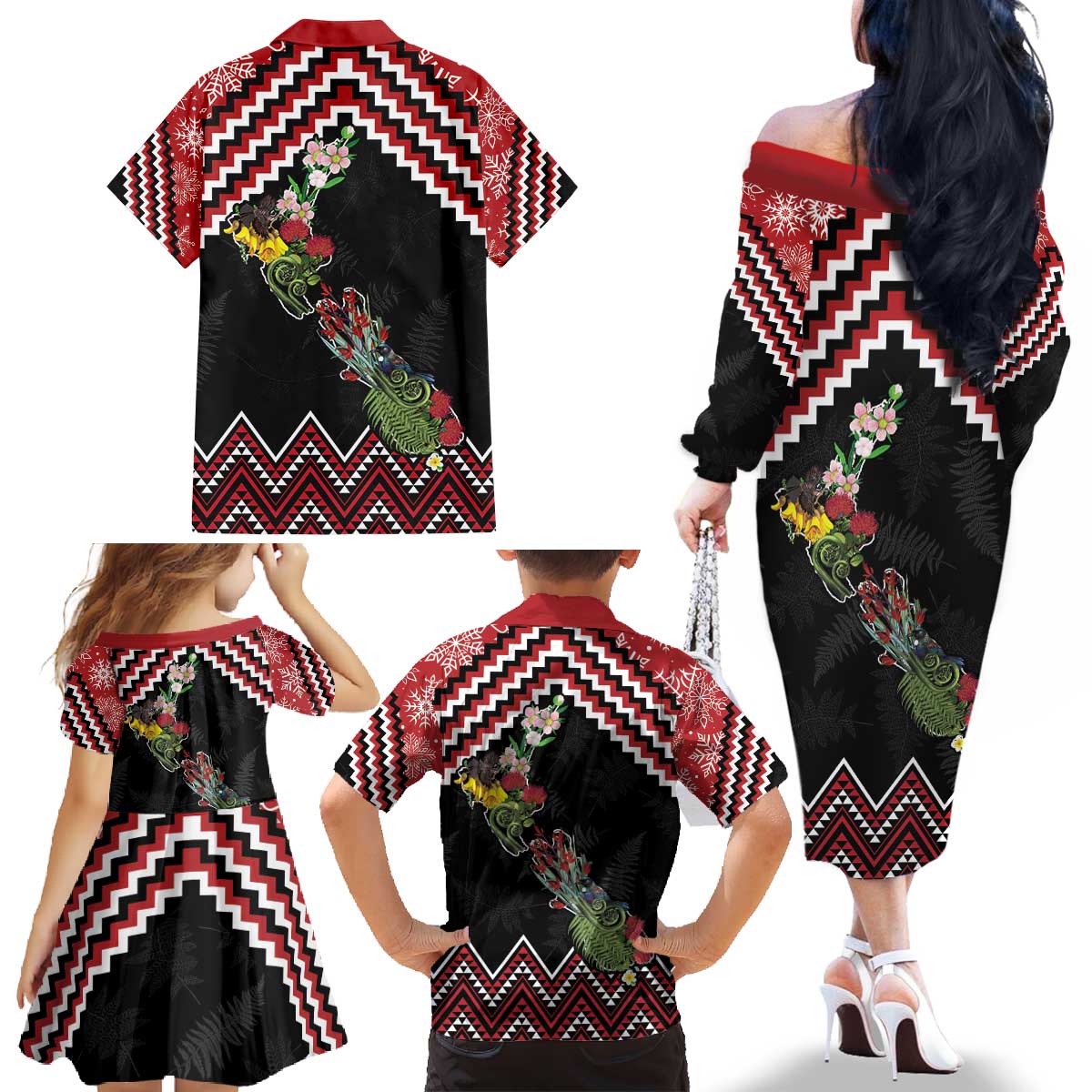 New Zealand Christmas Taniko Poutama Family Matching Off The Shoulder Long Sleeve Dress and Hawaiian Shirt Flora Map with Birds LT7 - Polynesian Pride