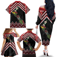 New Zealand Christmas Taniko Poutama Family Matching Off The Shoulder Long Sleeve Dress and Hawaiian Shirt Flora Map with Birds LT7 - Polynesian Pride
