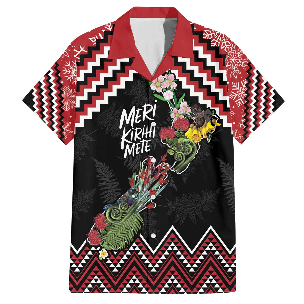 New Zealand Christmas Taniko Poutama Family Matching Off The Shoulder Long Sleeve Dress and Hawaiian Shirt Flora Map with Birds LT7 Dad's Shirt - Short Sleeve Red - Polynesian Pride