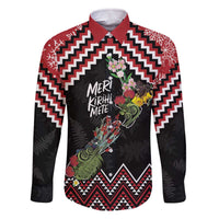 New Zealand Christmas Taniko Poutama Family Matching Off The Shoulder Long Sleeve Dress and Hawaiian Shirt Flora Map with Birds LT7 Dad's Shirt - Long Sleeve Red - Polynesian Pride