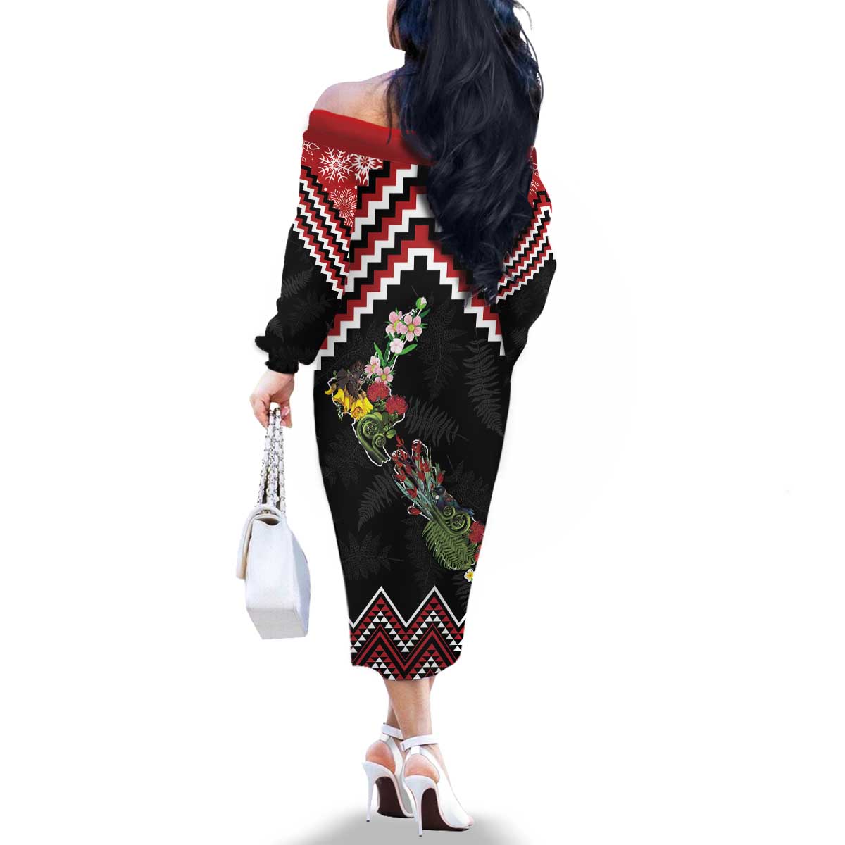 New Zealand Christmas Taniko Poutama Family Matching Off The Shoulder Long Sleeve Dress and Hawaiian Shirt Flora Map with Birds LT7 - Polynesian Pride