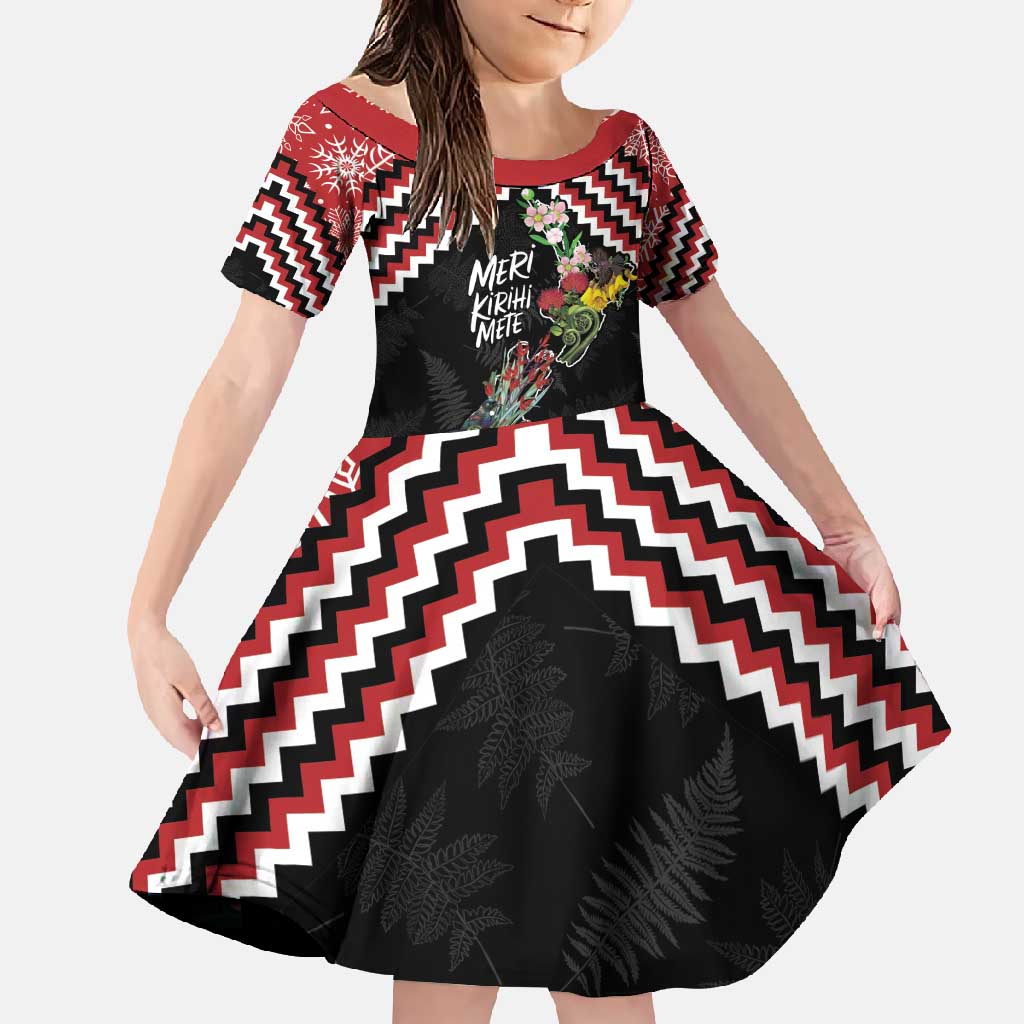 New Zealand Christmas Taniko Poutama Family Matching Off Shoulder Maxi Dress and Hawaiian Shirt Flora Map with Birds LT7 Daughter's Dress Red - Polynesian Pride