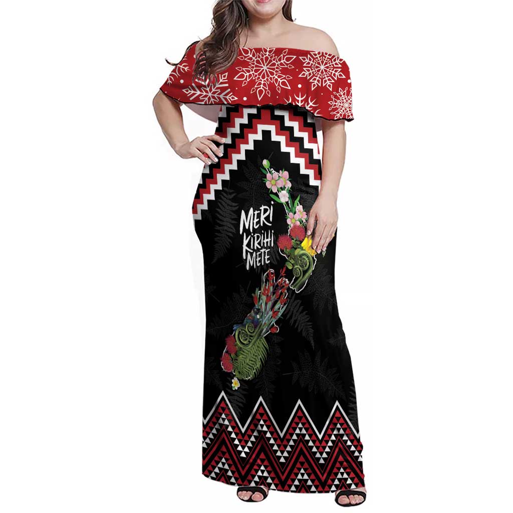 New Zealand Christmas Taniko Poutama Family Matching Off Shoulder Maxi Dress and Hawaiian Shirt Flora Map with Birds LT7 Mom's Dress Red - Polynesian Pride