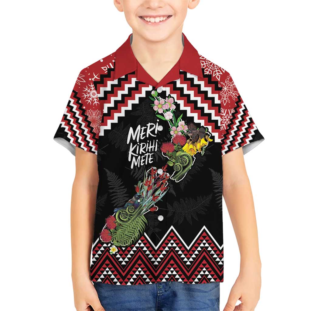 New Zealand Christmas Taniko Poutama Family Matching Off Shoulder Maxi Dress and Hawaiian Shirt Flora Map with Birds LT7 Son's Shirt Red - Polynesian Pride