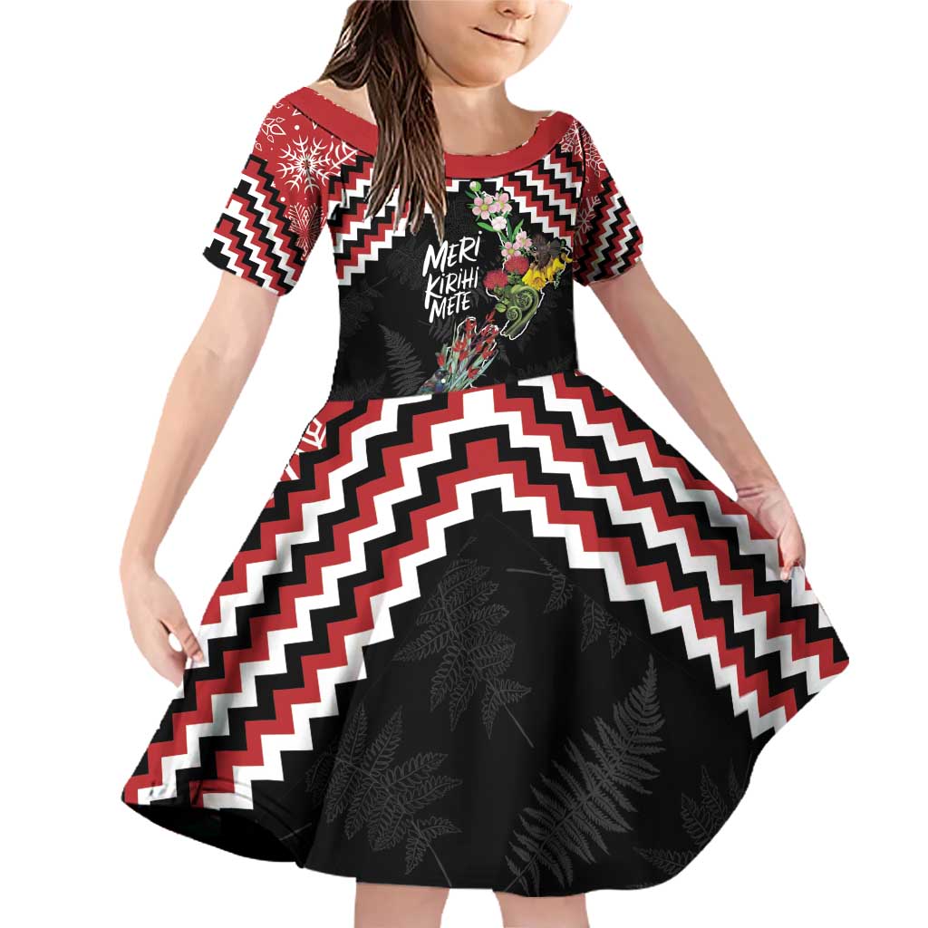 New Zealand Christmas Taniko Poutama Family Matching Off Shoulder Short Dress and Hawaiian Shirt Flora Map with Birds LT7 Daughter's Dress Red - Polynesian Pride
