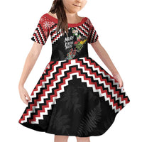 New Zealand Christmas Taniko Poutama Family Matching Off Shoulder Short Dress and Hawaiian Shirt Flora Map with Birds LT7 Daughter's Dress Red - Polynesian Pride