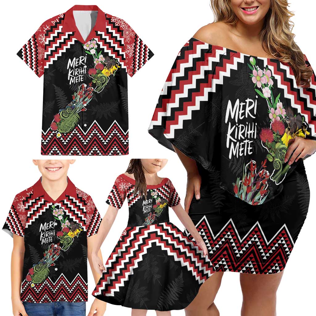 New Zealand Christmas Taniko Poutama Family Matching Off Shoulder Short Dress and Hawaiian Shirt Flora Map with Birds LT7 - Polynesian Pride
