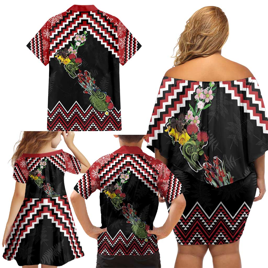 New Zealand Christmas Taniko Poutama Family Matching Off Shoulder Short Dress and Hawaiian Shirt Flora Map with Birds LT7 - Polynesian Pride