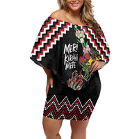 New Zealand Christmas Taniko Poutama Family Matching Off Shoulder Short Dress and Hawaiian Shirt Flora Map with Birds LT7 Mom's Dress Red - Polynesian Pride