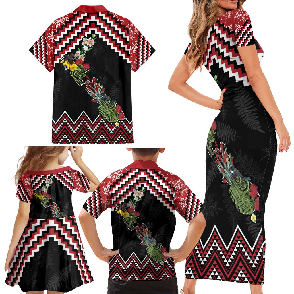 New Zealand Christmas Taniko Poutama Family Matching Short Sleeve Bodycon Dress and Hawaiian Shirt Flora Map with Birds LT7 - Polynesian Pride