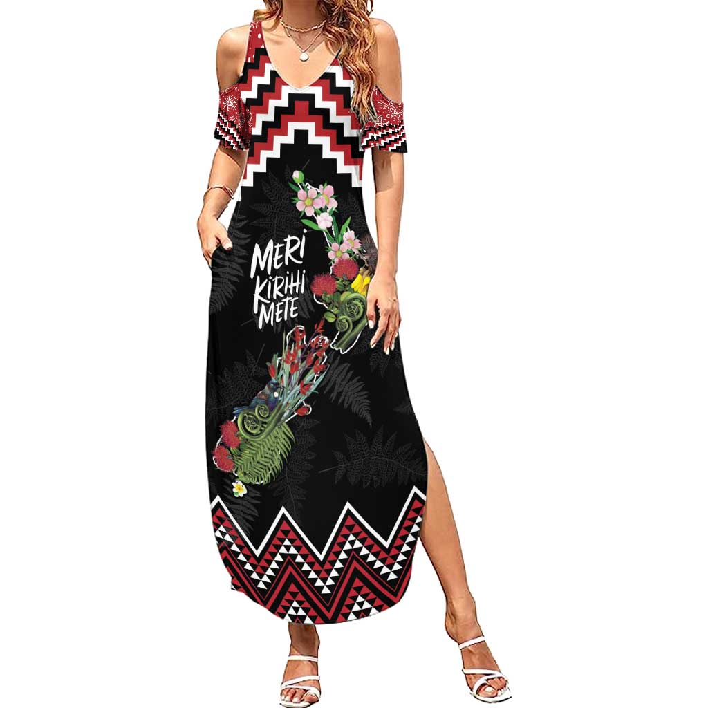 New Zealand Christmas Taniko Poutama Family Matching Summer Maxi Dress and Hawaiian Shirt Flora Map with Birds LT7 Mom's Dress Red - Polynesian Pride