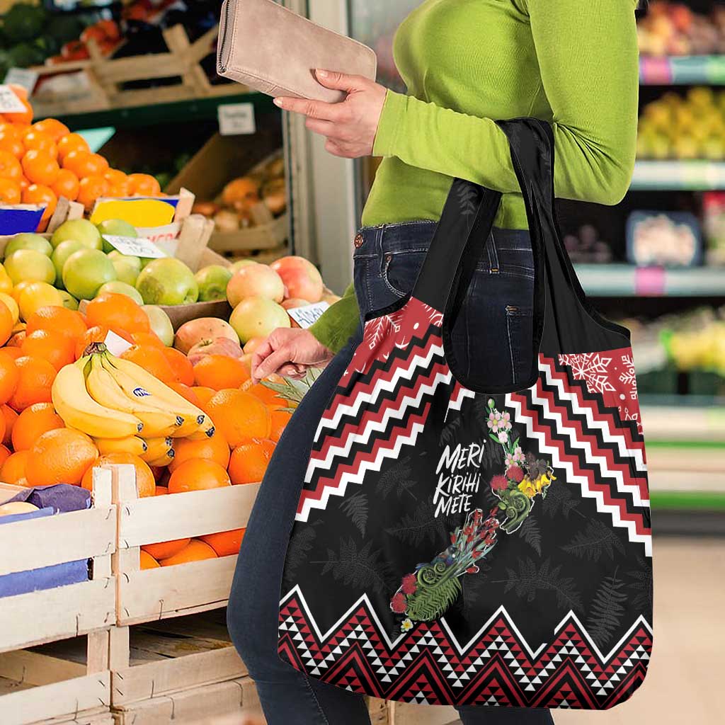 New Zealand Christmas Taniko Poutama Grocery Bag Flora Map with Birds - Polynesian Pride