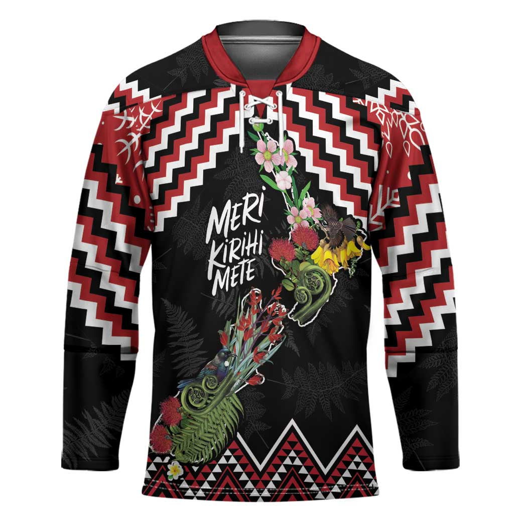 New Zealand Christmas Taniko Poutama Hockey Jersey Flora Map with Birds - Polynesian Pride